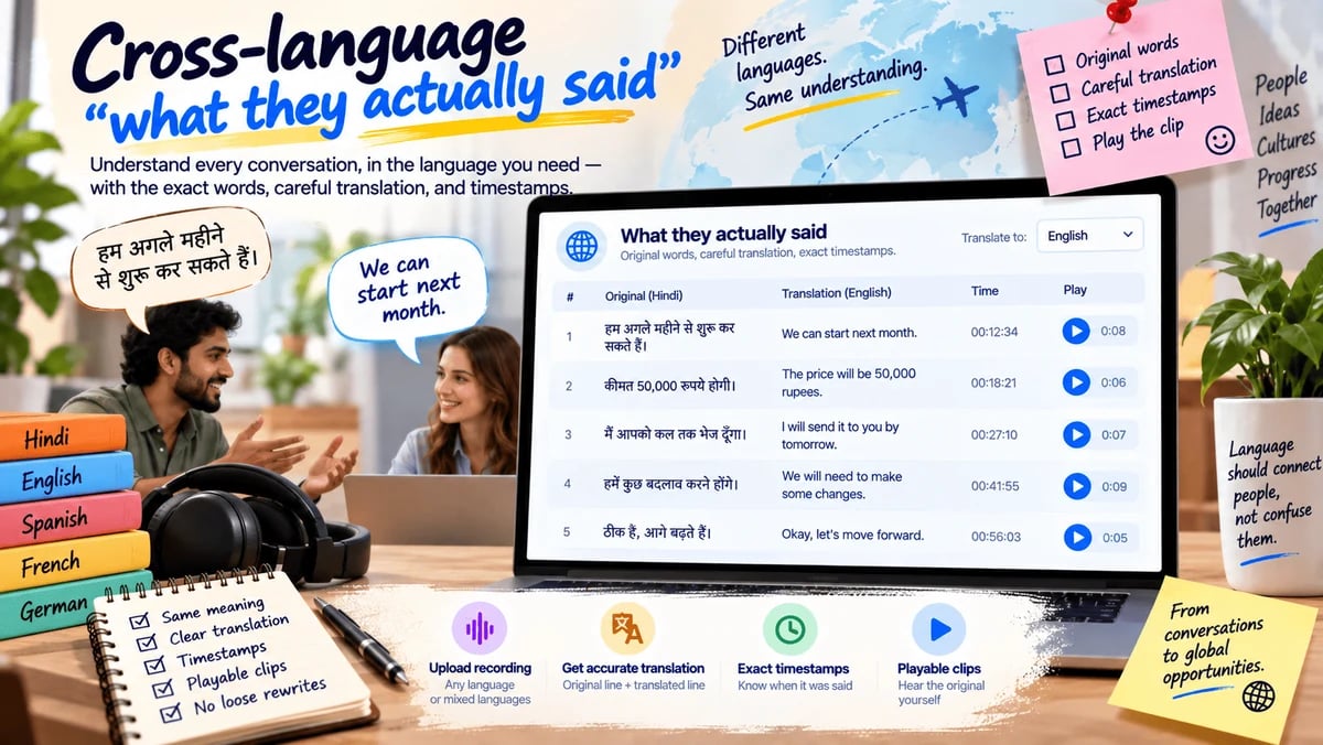 An original spoken line shown beside a careful translation, both tied to the same timestamp.