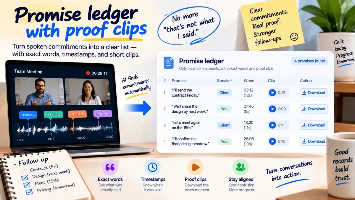 A spoken promise listed as a ledger row with the exact words, a timestamp, and a short proof clip.