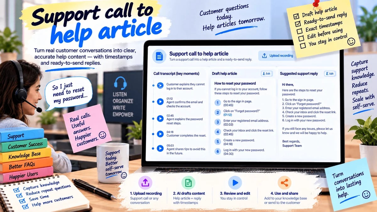 A support call drafted into a help article and a short canned reply, with source times from the call.