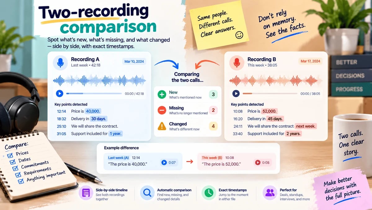 Two recordings compared side by side, with a changed figure marked in both timelines.