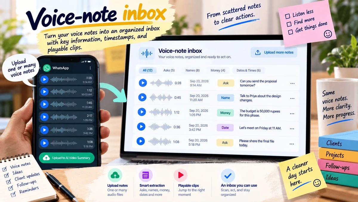 A stack of phone voice notes turned into scanable inbox cards with asks, names, and times.