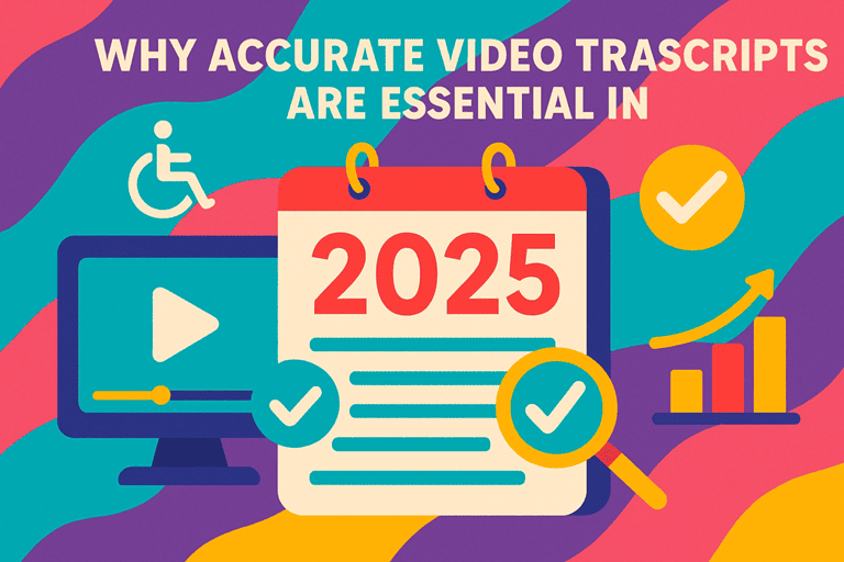 Why accurate video transcripts are essential in 2025 – video screen, checklist, and bold 2025 calendar illustration