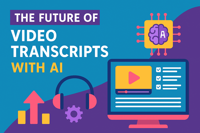 The future of video transcripts with AI – illustration of AI chip, video screen, checklist, and growth icons