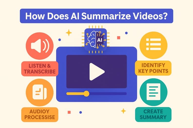 How does AI summarize videos – steps showing transcription, key point extraction, and summary creation with AI chip and video player