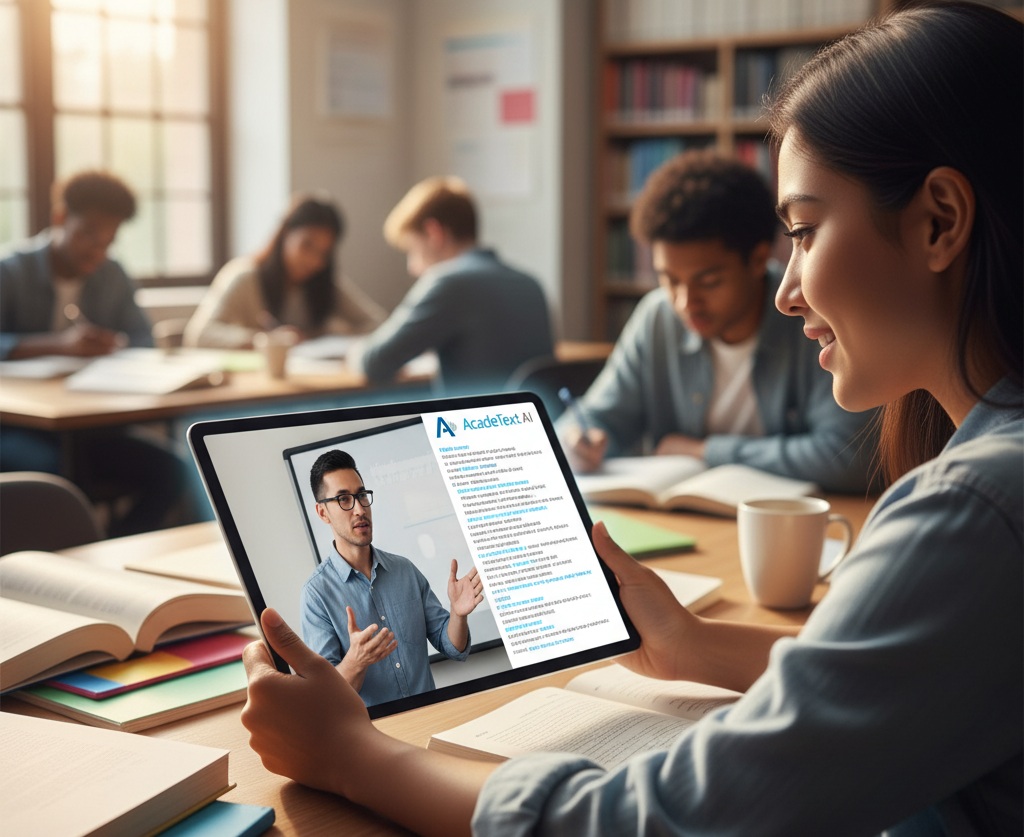Student using a laptop with real-time transcription of a lecture