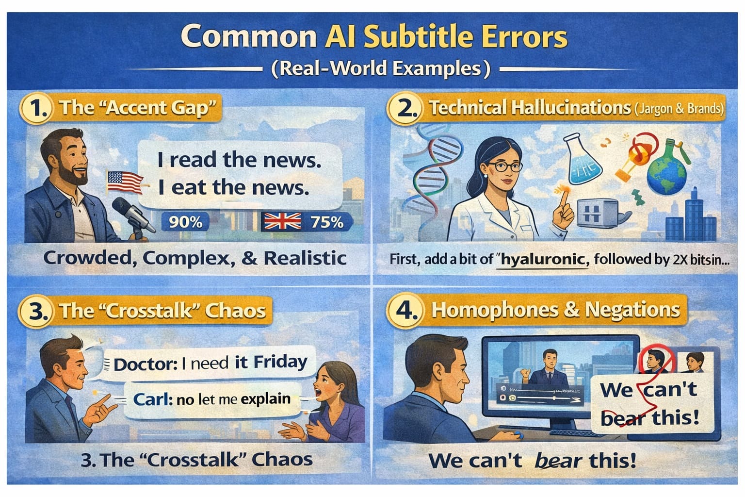 Common AI subtitle errors showing real world transcription failures