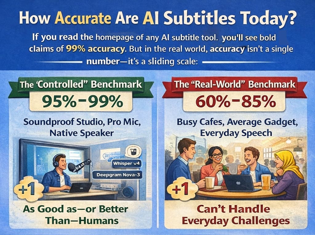 How accurate are AI subtitles today showing controlled vs real world benchmarks