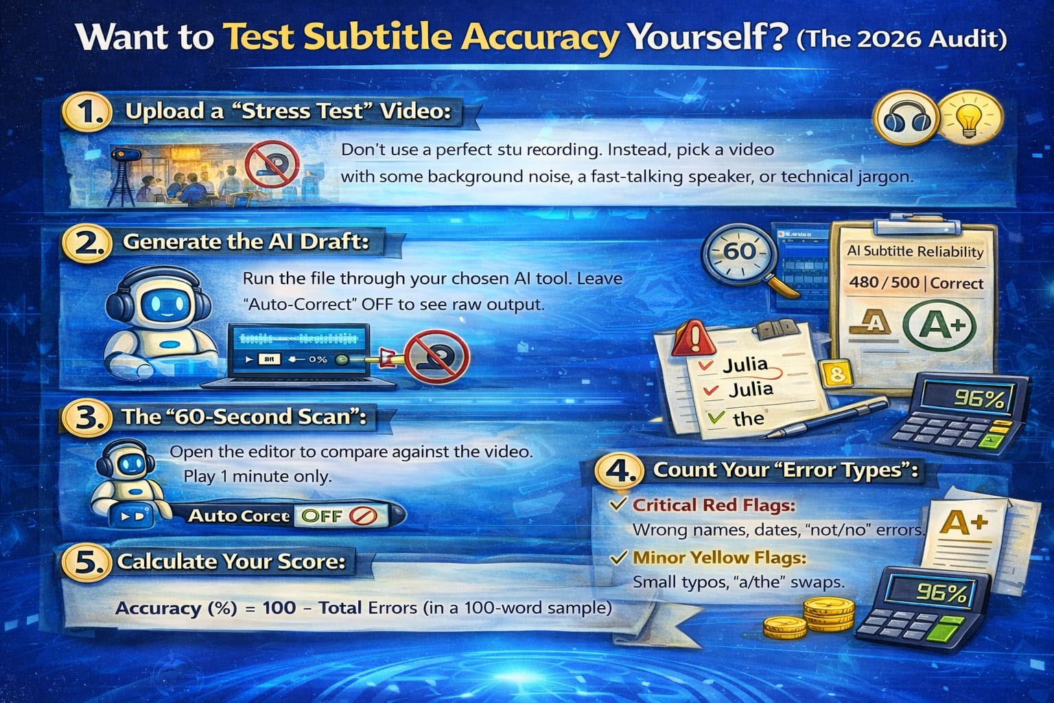 2026 subtitle accuracy audit showing step by step testing process
