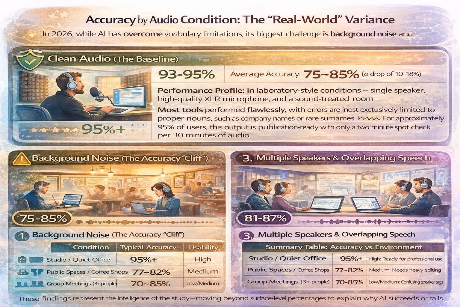 AI transcription accuracy variation by audio condition and environment