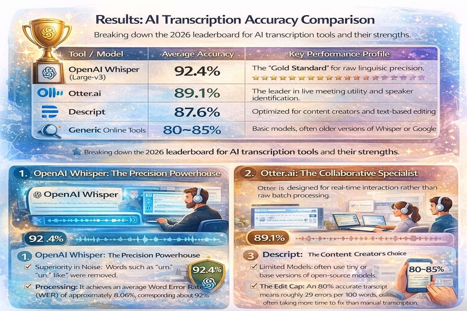 Comparison of AI transcription accuracy results across leading tools in 2026
