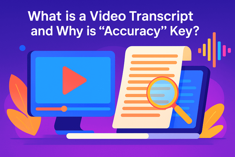 What is a video transcript and why accuracy matters – colorful illustration with video player, transcript sheet, and magnifying glass