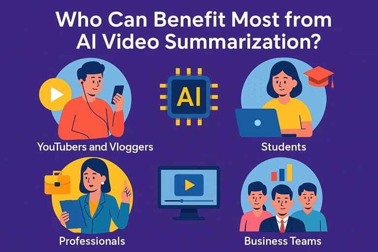 Who can benefit most from AI video summarization – infographic showing YouTubers, students, professionals, and business teams