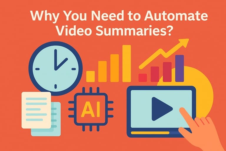 Why you need to automate video summaries – colorful illustration with AI chip, clock, bar graph, and play button