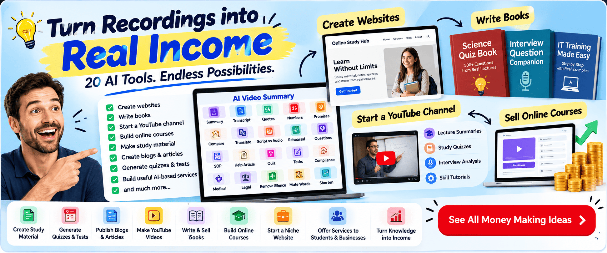 Turn recordings into real income. 20 AI tools and practical ideas for study material, YouTube, courses, books, websites, and services.
